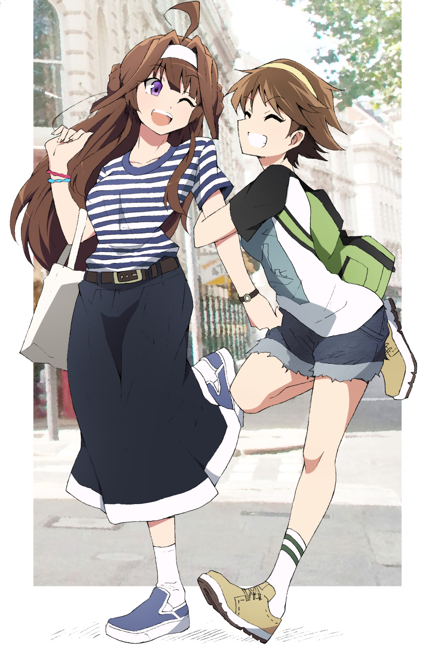 2girls :d ;d absurdres alternate_costume arm_hug backpack bag bangs belt belt_buckle black_shorts black_skirt blue_footwear blunt_bangs broom brown_footwear brown_hairband buckle building casual cutoffs day eyebrows_visible_through_hair flipped_hair grin hairband hiei_(kantai_collection) highres kantai_collection kongou_(kantai_collection) leg_up long_skirt multiple_girls nel-c one_eye_closed open_mouth outdoors outside_border puffy_sleeves raglan_sleeves road shirt shopping_bag short_hair short_shorts short_sleeves shorts skirt smile socks standing standing_on_one_leg street striped striped_shirt t-shirt tail tareme teeth town tree upper_teeth very_short_hair watch watch white_hairband white_legwear wristband