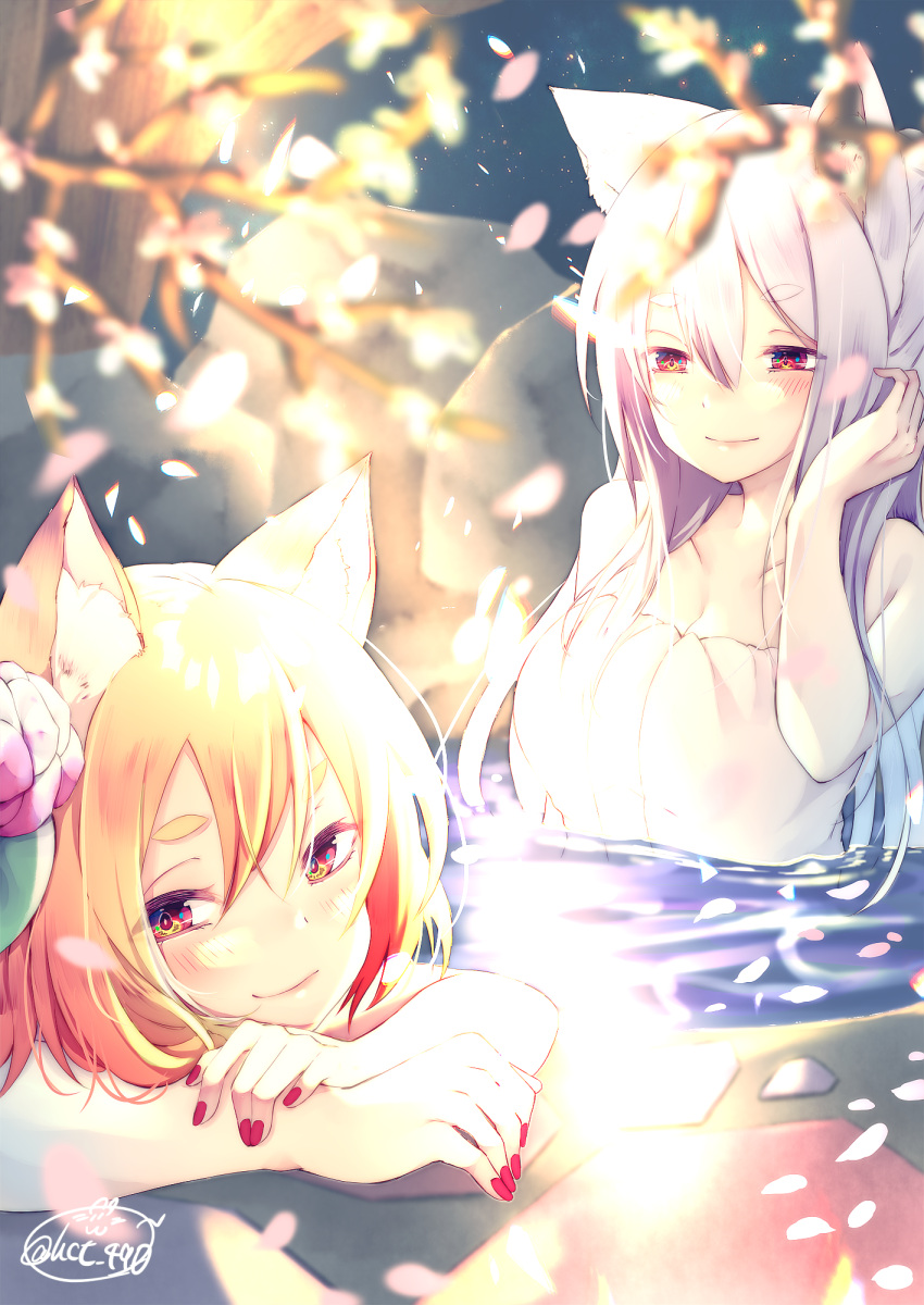 2girls animal_ears bangs blonde_hair blurry blurry_foreground blush breasts cat_ears chita_(ketchup) cleavage closed_mouth collarbone commentary_request depth_of_field eyebrows_visible_through_hair fingernails flower fox_ears fox_girl fox_tail hair_between_eyes hair_flower hair_ornament hand_up highres large_breasts long_hair multiple_girls nail_polish naked_towel original partially_submerged petals pink_flower purple_nails red_eyes silver_hair smile tail thick_eyebrows towel very_long_hair water