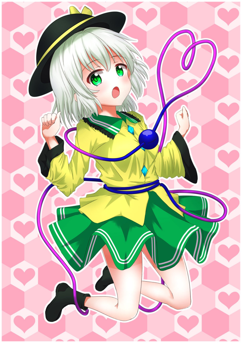 1girl :o artist_request breasts commentary_request eyebrows_visible_through_hair full_body green_eyes grey_hair heart heart_background heart_of_string highres honeycomb_(pattern) honeycomb_background komeiji_koishi midair pink_heart short_hair small_breasts solo third_eye touhou