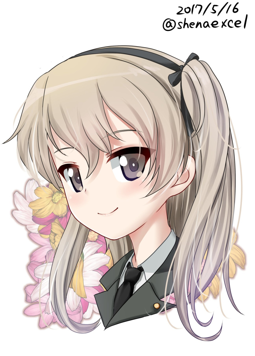1girl bangs black_jacket black_neckwear black_ribbon brown_eyes closed_mouth commentary_request cropped_neck dated dress_shirt excel_(shena) eyebrows_visible_through_hair face floral_background girls_und_panzer hair_ribbon highres jacket light_brown_hair long_hair looking_at_viewer military military_uniform necktie ribbon selection_university_military_uniform shimada_arisu shirt side_ponytail smile solo twitter_username uniform white_background wing_collar