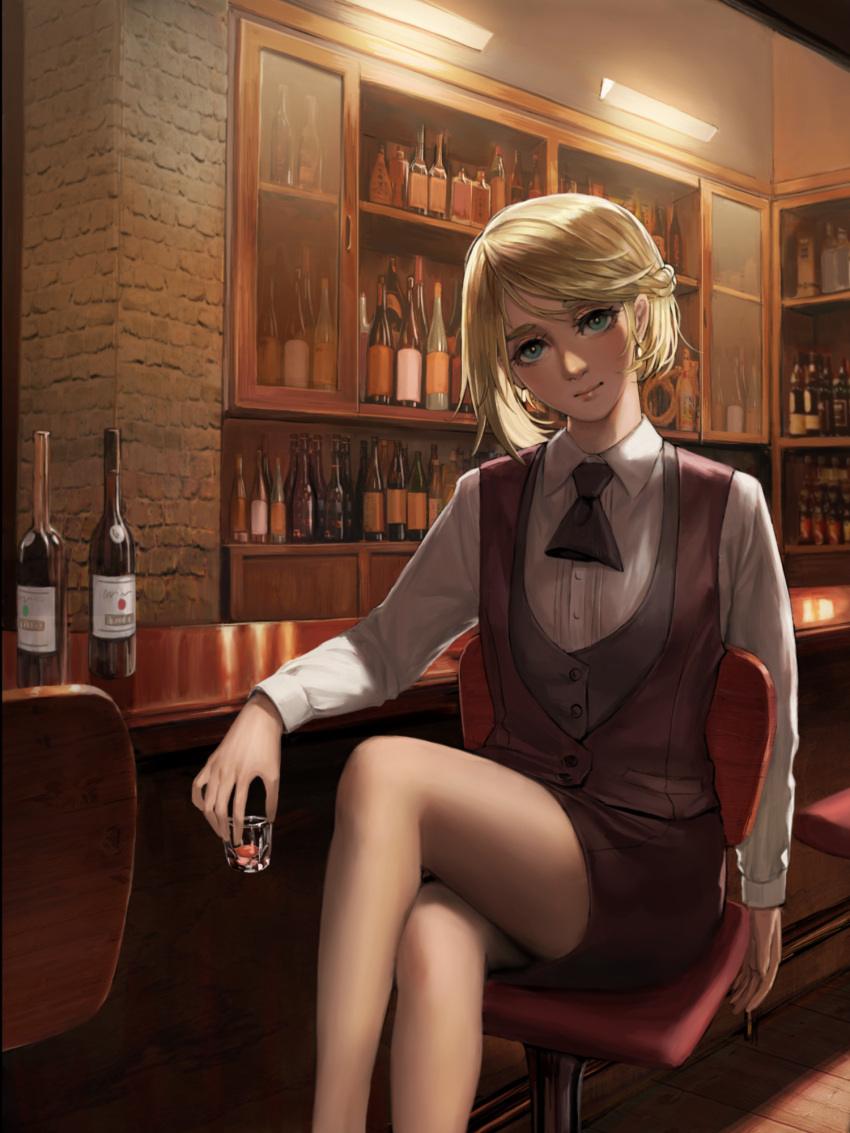 1girl alcohol backlighting bar bartender blonde_hair blue_eyes bottle braid chair counter cup drinking_glass glass head_tilt highres legs_crossed lips looking_at_viewer necktie original pencil_skirt sitting skirt solo usukuchi_(impasto_life) vest