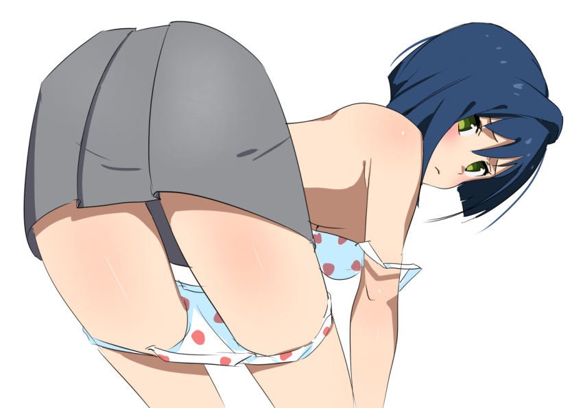 1girl bare_shoulders blue_hair bra bra_pull breasts darling_in_the_franxx feet_out_of_frame green_eyes grey_skirt hair_between_eyes ichigo_(darling_in_the_franxx) looking_at_viewer panties panty_pull polka_dot polka_dot_bra polka_dot_panties senjitsu_musou short_hair simple_background skirt small_breasts solo thighs underwear white_background