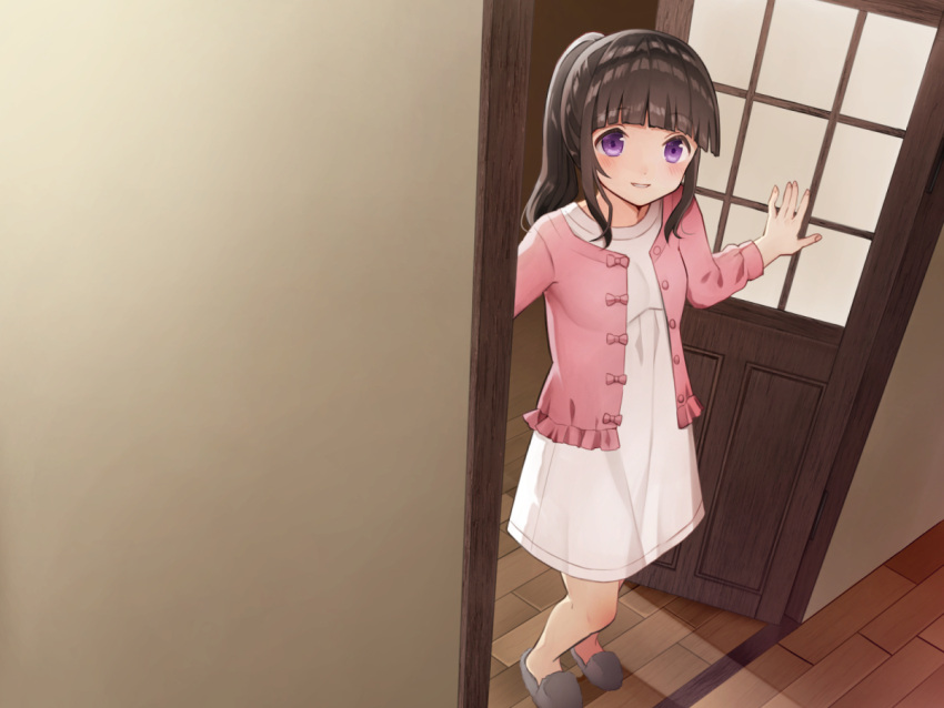 1girl bangs blush breasts brown_hair commentary_request dress eyebrows_visible_through_hair fingernails indoors jacket kurata_rine long_hair long_sleeves looking_at_viewer open_clothes open_door open_jacket original parted_lips pink_jacket ponytail sidelocks small_breasts smile solo violet_eyes white_dress yandere