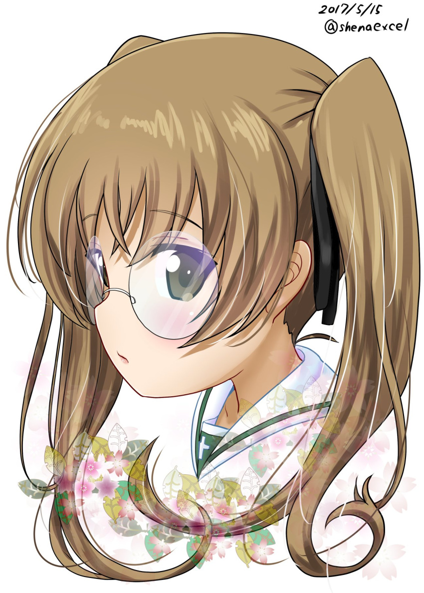 1girl bangs black_ribbon blouse brown_eyes brown_hair closed_mouth commentary_request cropped_neck dated excel_(shena) eyebrows_visible_through_hair face floral_background girls_und_panzer glasses hair_ribbon highres long_hair looking_at_viewer ooarai_school_uniform oono_aya ribbon round_eyewear school_uniform serafuku solo transparent twintails twitter_username white_background white_blouse