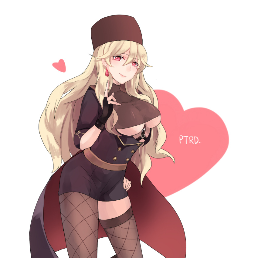 1girl asymmetrical_legwear blonde_hair breasts character_name cowboy_shot earrings fingerless_gloves fishnet_pantyhose fishnets girls_frontline gloves hand_on_hip hat heart highres jewelry large_breasts lishu_jun long_hair pantyhose ptrd-41_(girls_frontline) red_eyes turtleneck under_boob