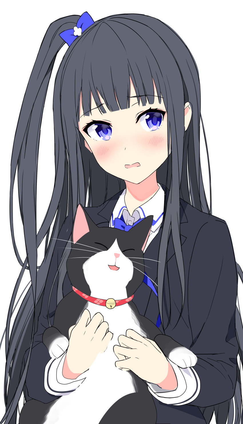 1girl :d ^_^ absurdres animal bangs bell black_blazer black_cat black_hair blazer blue_bow blue_eyes blue_neckwear blush bow bowtie cat closed_eyes collared_shirt eyebrows_visible_through_hair hair_bow head_tilt highres holding holding_animal holding_cat jacket jingle_bell long_sleeves looking_at_viewer nanotaro one_side_up open_mouth original parted_lips shirt simple_background smile solo white_background white_shirt