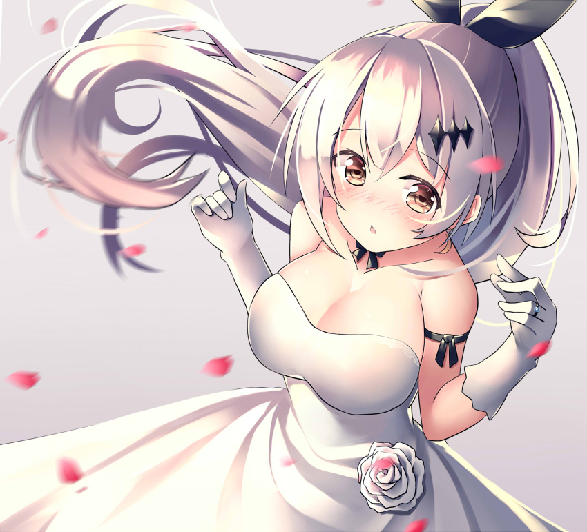 1girl alternate_costume bangs bare_shoulders blush bow breasts brown_eyes cleavage commentary_request dress eyebrows_visible_through_hair five-seven_(girls_frontline) flower girls_frontline gloves hair_ornament hair_ribbon highres large_breasts long_hair looking_at_viewer ponytail ribbon silver_hair solo very_long_hair wedding_dress white_dress white_gloves zhao_(pixiv12947327)