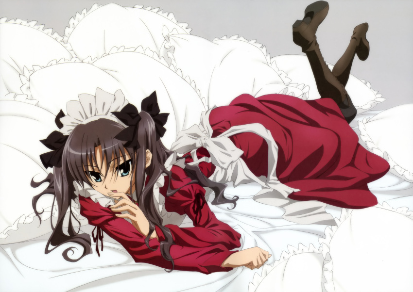 1girl absurdres alternate_costume apron black_bow black_hair black_legwear blue_eyes boots bow brown_footwear dress enmaided fate/stay_night fate_(series) frilled_pillow frills grey_background hair_bow highres knee_boots legs_up long_hair maid maid_headdress on_bed open_mouth pillow red_dress sakai_kyuuta simple_background solo tohsaka_rin twintails white_apron white_pillow