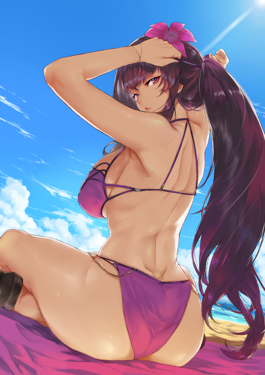 1girl absurdres arms_up ass bangs beach bikini blue_sky breasts ceda_(dace) closed_mouth clouds cloudy_sky day eyebrows_visible_through_hair fate/grand_order fate_(series) flower hair_flower hair_ornament highres large_breasts light_rays lips long_hair looking_at_viewer looking_back ocean outdoors ponytail purple_bikini purple_flower purple_hair sandals scathach_(fate/grand_order) scathach_(swimsuit_assassin)_(fate) sidelocks sitting sky solo sunbeam sunlight swimsuit tsurime violet_eyes yokozuwari