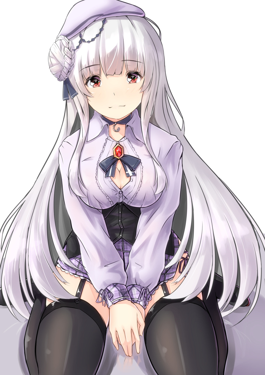 1girl absurdres azur_lane bangs between_legs black_legwear blunt_bangs blush bow breasts choker cleavage cygnet_(azur_lane) double_bun eyebrows_visible_through_hair garter_straps gem hair_bun hair_ornament hand_between_legs hands_together hat highres kashikomo large_breasts long_hair looking_at_viewer plaid red_eyes remodel_(azur_lane) sidelocks sitting skirt smile solo tareme thigh-highs thighs violet_eyes wariza white_hair