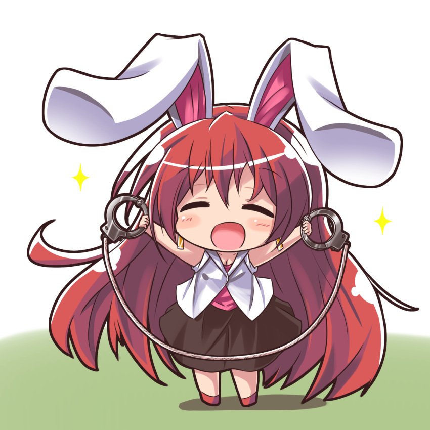 1girl :d animal_ears bangs bare_arms bare_shoulders black_skirt blush_stickers breasts chibi cleavage closed_eyes commentary_request cuffs earrings eyebrows_visible_through_hair facing_viewer full_body hair_between_eyes handcuffs highres holding jewelry long_hair open_mouth original pink_shirt rabbit_ears red_footwear redhead ryogo shirt skirt sleeveless sleeveless_shirt small_breasts smile solo sparkle standing usami_tsuitachi very_long_hair vest white_vest