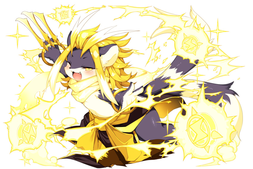 1boy antenna_hair blonde_hair blush bracelet claw_(weapon) electricity fang full_body fullbokko_heroes highres holding holding_weapon jewelry kishibe long_hair looking_at_viewer multiple_tails official_art one_eye_closed outstretched_arms scarf simple_background tail weapon white_background yellow