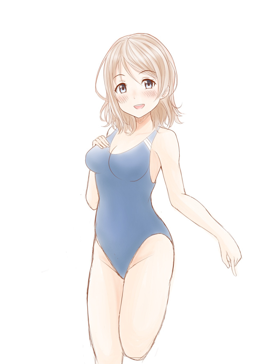 1girl adapted_costume blue_eyes blue_swimsuit blush casual_one-piece_swimsuit cowboy_shot grey_hair highres looking_at_viewer love_live! love_live!_sunshine!! one-piece_swimsuit short_hair simple_background smile solo standing swimsuit watanabe_you white_background yachan