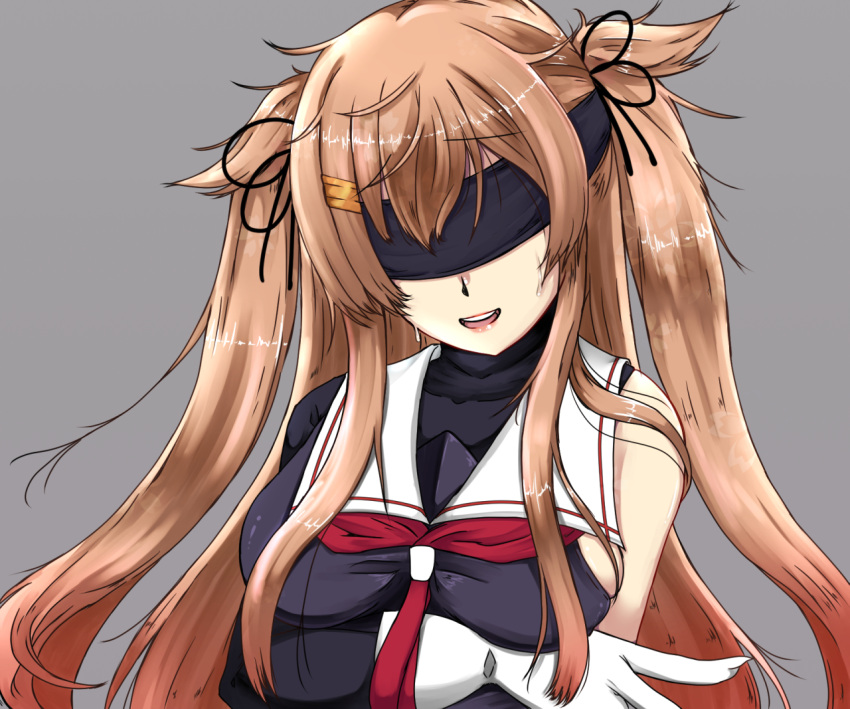 1girl ahoge asymmetrical_clothes bangs black_ribbon black_serafuku blindfold blush gloves gradient_hair grey_background hair_flaps hair_ornament hair_ribbon kantai_collection light_brown_hair long_hair looking_at_viewer multicolored_hair murasame_(kantai_collection) neckerchief open_mouth partial_bodysuit red_neckwear remodel_(kantai_collection) ribbon school_uniform serafuku shigatsu_(soratobuusagi) sidelocks simple_background skindentation smile solo sweat sweatdrop twintails two_side_up white_gloves