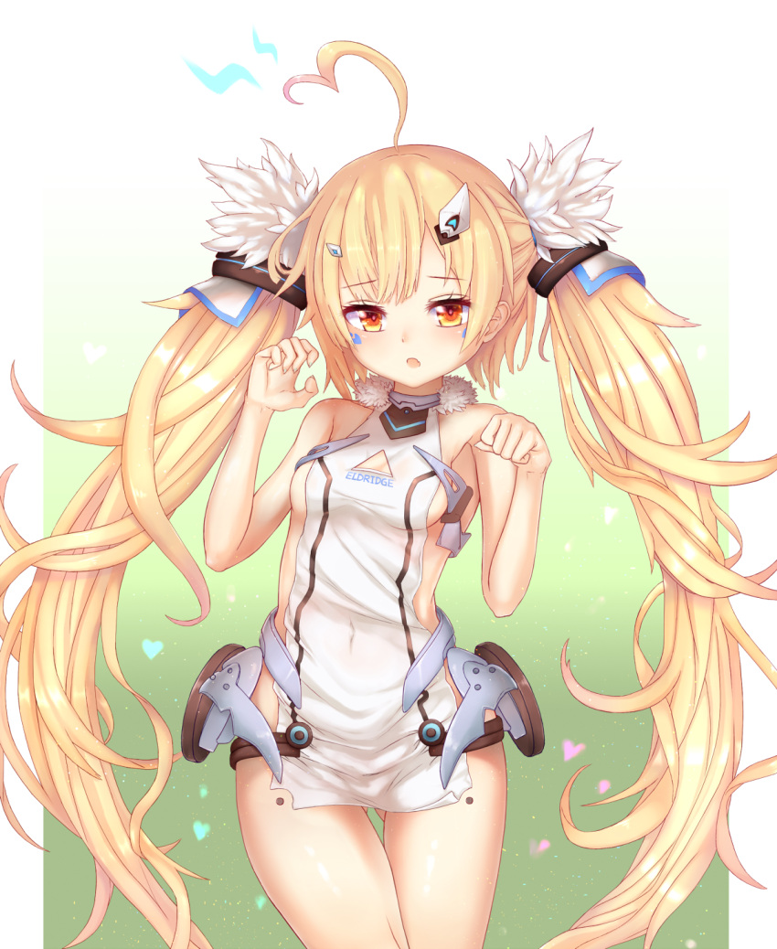 1girl :o ahoge azur_lane bangs bare_arms bare_shoulders blonde_hair blush breasts brown_eyes character_name chicami collarbone covered_navel cowboy_shot dress eldridge_(azur_lane) eyebrows_visible_through_hair facial_mark fang fingernails fur_trim gluteal_fold hair_ornament hands heart highres lightning_bolt long_hair looking_at_viewer medium_breasts parted_lips sleeveless sleeveless_dress solo twintails very_long_hair white_dress