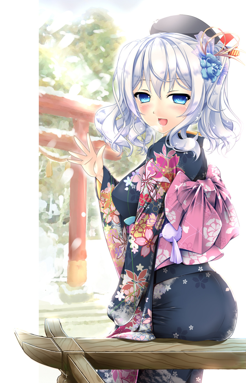1girl :d akairo_no_mako alternate_costume bangs beret blue_eyes blurry blurry_background blush breasts breath commentary_request cowboy_shot day eyebrows_visible_through_hair flower hair_between_eyes hair_flower hair_ornament happy hat highres japanese_clothes kantai_collection kashima_(kantai_collection) kimono large_breasts light_rays long_hair long_sleeves looking_at_viewer new_year open_mouth outdoors sidelocks silver_hair sitting sitting_on_object smile snow solo stairs sunbeam sunlight torii tree tsurime waving wavy_hair