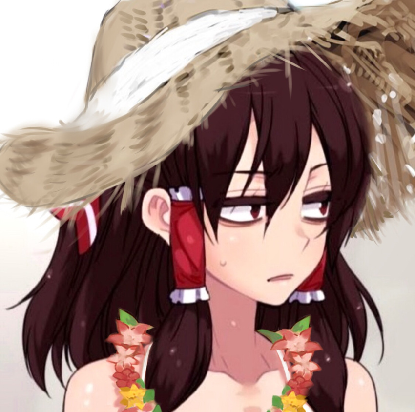 1girl bags_under_eyes bare_shoulders brown_eyes brown_hair collarbone flower hair_between_eyes hair_tubes hakurei_reimu half-closed_eyes hat lei lilith_(olanda) long_hair looking_to_the_side parted_lips photoshop solo straw_hat sweat touhou upper_body