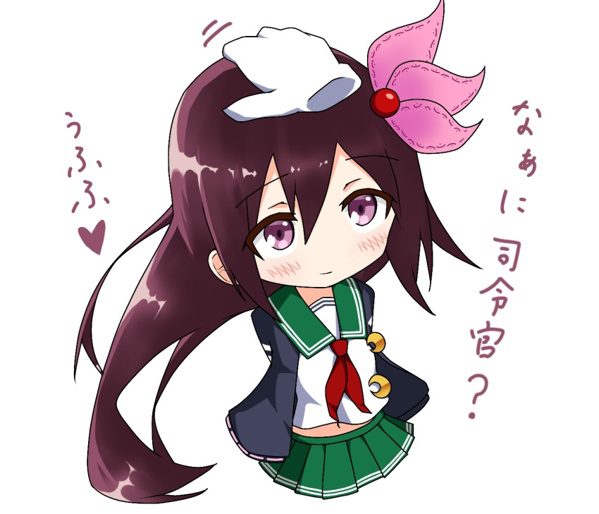 1girl arms_behind_back black_jacket brown_hair cowboy_shot crescent crescent_moon_pin green_sailor_collar green_skirt highres ichi jacket kantai_collection kisaragi_(kantai_collection) long_hair no_nose petting pleated_skirt red_neckwear remodel_(kantai_collection) sailor_collar school_uniform serafuku simple_background skirt smile solo translation_request violet_eyes white_background