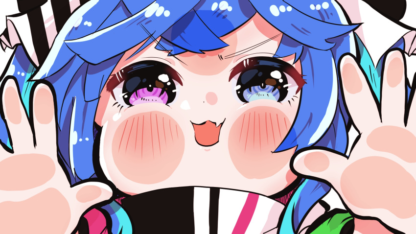 1girl against_glass bangs blue_eyes blue_hair cheek_press chibi close-up commentary_request dot_nose eyelashes fang forehead hands_up heterochromia highres horse_girl long_hair nabe_(nabe_otome) open_mouth pink_eyes sidelocks skin_fang solo twin_turbo_(umamusume) umamusume v-shaped_eyebrows