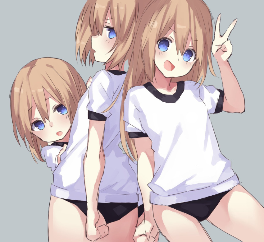 3girls blanc blancpig_yryr blue_buruma blue_eyes brown_hair buruma gym_shirt gym_shorts gym_uniform highres long_hair multiple_girls neptune_(series) ram_(choujigen_game_neptune) rom_(choujigen_game_neptune) shirt short_hair shorts siblings sisters smile v