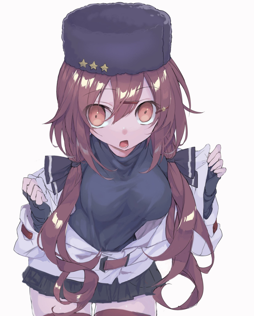 1girl black_bow black_skirt bow breasts brown_eyes brown_hair eyebrows_visible_through_hair hair_between_eyes hair_ornament hairclip hat highres jacket kantai_collection leaning_forward long_hair long_sleeves looking_at_viewer low_twintails medium_breasts miniskirt open_mouth papakha picoli1313 shirt simple_background skirt solo star tashkent_(kantai_collection) twintails white_background white_jacket