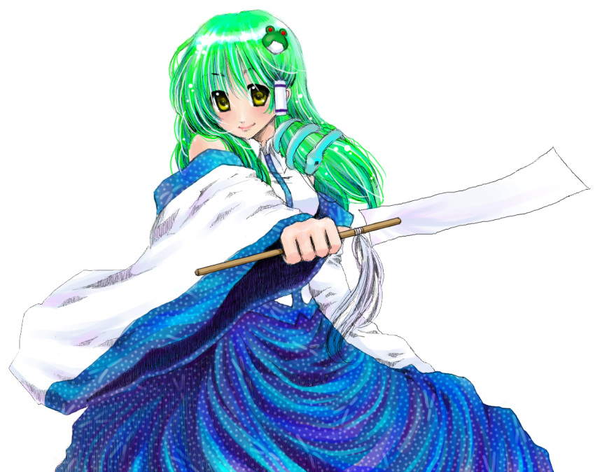 bakufu fuu_(futian) green_hair japanese_clothes kochiya_sanae long_hair long_skirt skirt snake touhou yellow_eyes