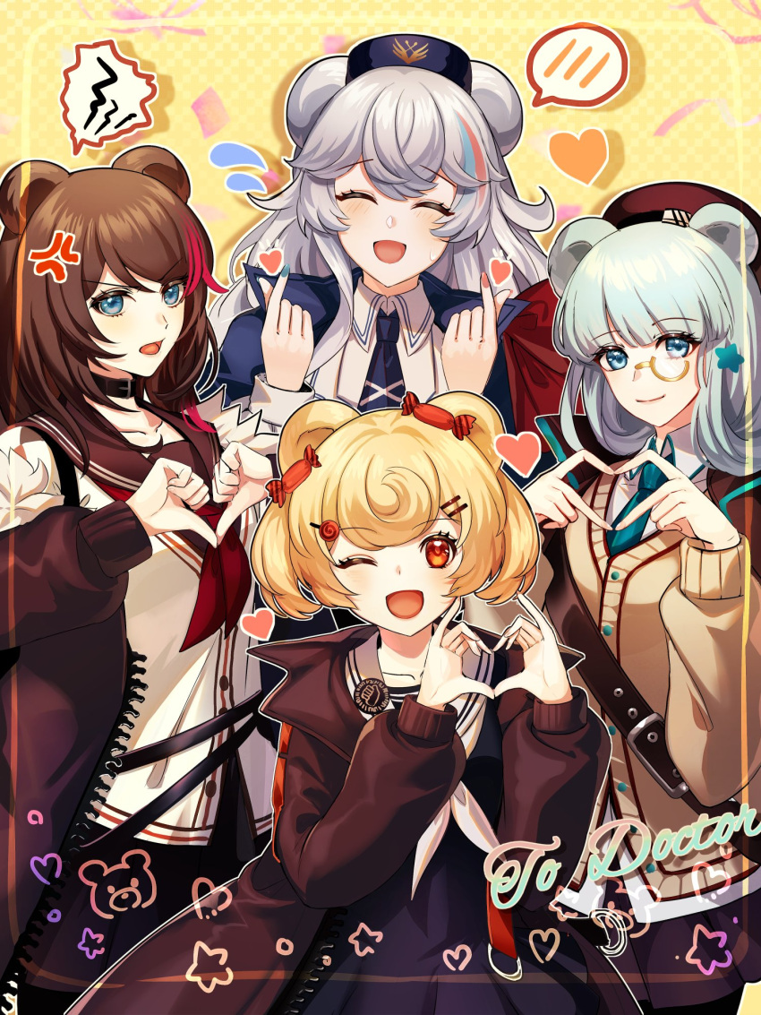 4girls :d ^_^ anger_vein animal_ears arknights bangs bear_ears beret black_jacket blonde_hair blue_eyes blue_jacket blue_nails blue_necktie blunt_bangs brown_hair candy_hair_ornament cardigan choker closed_eyes collarbone commentary_request english_text food-themed_hair_ornament fur-trimmed_jacket fur_collar fur_trim green_necktie gummy_(arknights) hair_ornament hands_up hat heart heart_hands highres istina_(arknights) jacket long_hair long_sleeves looking_at_viewer multicolored_hair multiple_girls neckerchief necktie one_eye_closed open_clothes open_jacket red_eyes red_headwear red_nails red_neckerchief redhead rosa_(arknights) sailor_collar shirt short_hair skirt smile speech_bubble star_(symbol) star_hair_ornament streaked_hair sweatdrop upper_body ursus_empire_logo white_neckerchief white_shirt wing_collar xroxxro zima_(arknights)