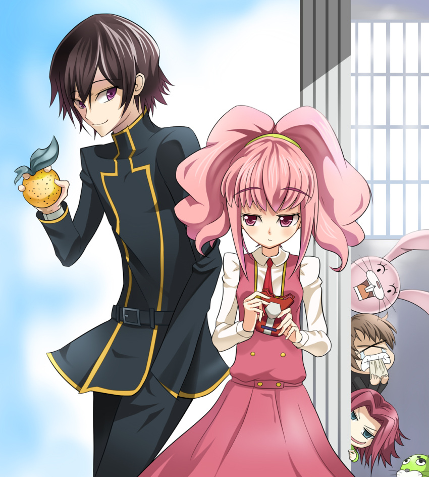 black_hair blush bunny code_geass couple food fruit gogochi grin highres holding holding_fruit kallen_stadtfeld lelouch_lamperouge orange pink_hair purple_eyes rabbit red_eyes rolo_lamperouge school_uniform smile tears violet_eyes