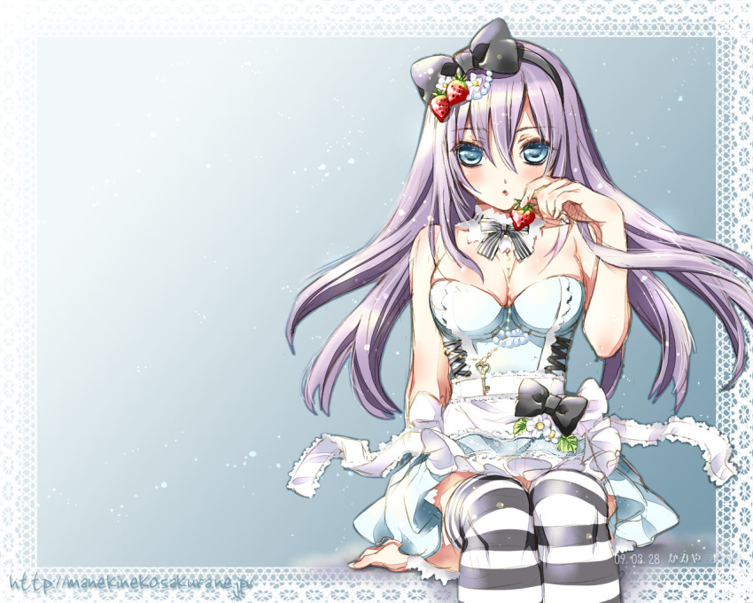 bare_shoulders blue_eyes detached_collar food food_themed_clothes fruit hairband kamiya_maneki long_hair maneki_kamiya original purple_hair sitting solo strawberry striped striped_legwear striped_thighhighs thigh-highs thighhighs wallpaper zettai_ryouiki