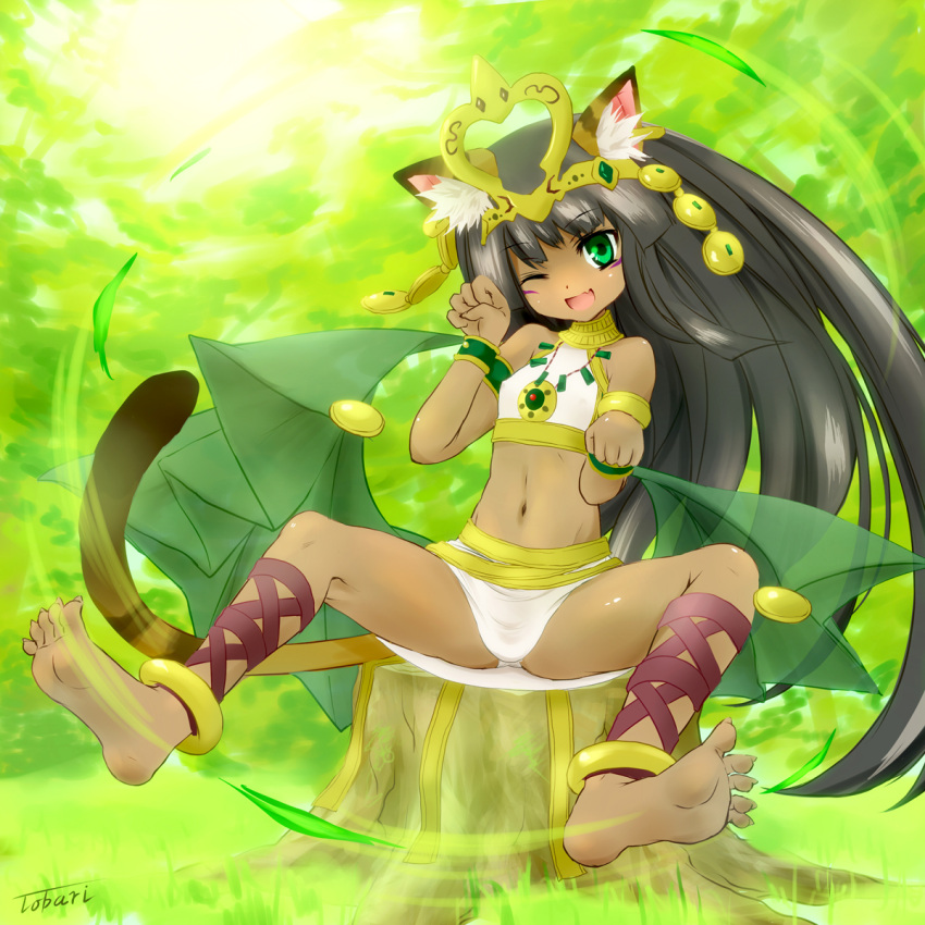 1girl animal_ears ankle_lace-up anklet armlet awayuki_tobari bangle barefoot bastet_(p&amp;d) black_hair bracelet cat_ears cat_tail cross-laced_footwear dark_skin feet green_eyes headdress highres jewelry midriff navel puzzle_&amp;_dragons soles tail