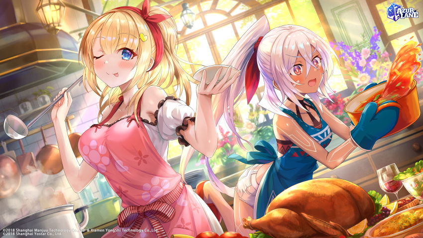 2girls alternate_costume apron arm_garter astoria_(azur_lane) azur_lane bandaid bandaid_on_face bangs blonde_hair blue_apron blue_eyes blush breasts closed_mouth commentary cooking copyright_name cowboy_shot cranberry crossed_bangs cup dark-skinned_female dark_skin day dress drinking_glass dutch_angle english_commentary eyebrows_visible_through_hair floral_print flower food foot_out_of_frame fruit hair_between_eyes hair_ornament hair_ribbon half_updo halter_top halterneck heart heart_hair_ornament highres hokuyuu holding holding_ladle indoors kitchen ladle lemon lemon_slice logo long_hair medium_breasts medium_hair minneapolis_(azur_lane) multiple_girls official_art one_eye_closed open_mouth oven_mitts pink_apron plate ponytail pot red_ribbon ribbon salad salad_bowl second-party_source short_shorts shorts silver_hair smile spilling steam sunlight thanksgiving tongue tongue_out turkey_(food) violet_eyes watermark white_dress white_shorts window wine_glass