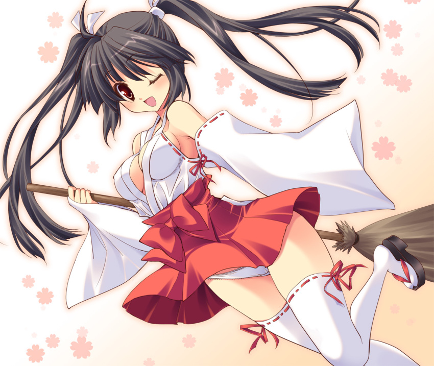 1girl black_hair breasts broom cleavage detached_sleeves hair_ribbon japanese_clothes kimono kimono_skirt legs long_hair looking_at_viewer miko no_bra original panties pantyshot red_eyes ribbon sideboob smile thigh-highs thighhighs twintails underwear upskirt wide_sleeves wink yukiwo