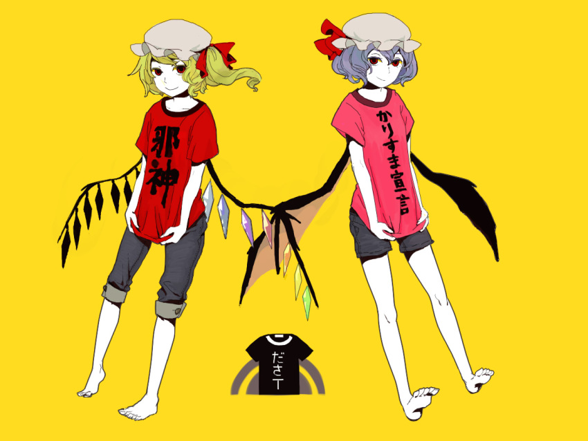 alternate_costume bad_id barefoot bat_wings blonde_hair blue_hair casual clothes_writing contemporary feet flandre_scarlet hat multiple_girls noki_(pixiv363792) nosaki_(pixiv363792) pale_skin red_eyes remilia_scarlet short_hair siblings sisters touhou translation_request wings