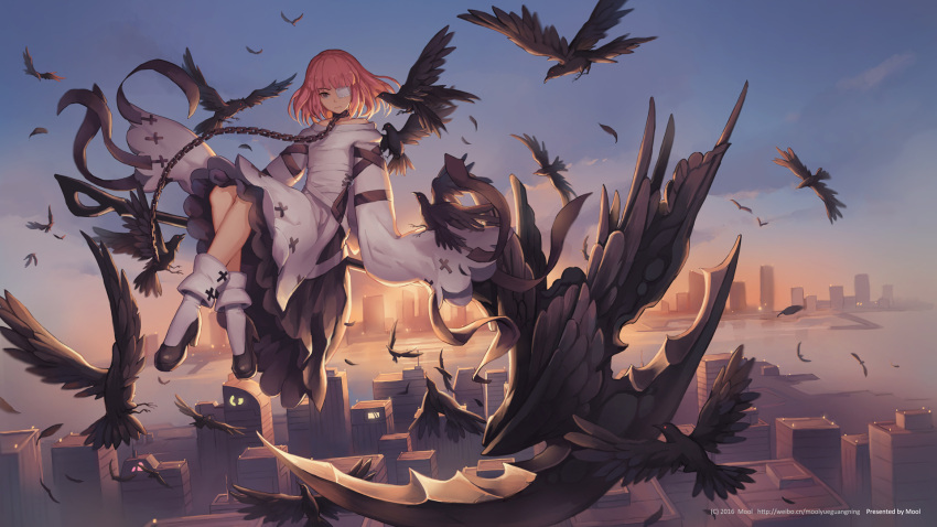 1girl bird brown_eyes city closed_mouth crow eyebrows_visible_through_hair eyepatch forever_7th_capital high_heels highres legs_crossed looking_at_viewer magical_girl outdoors pink_hair short_hair socks sunset white_legwear