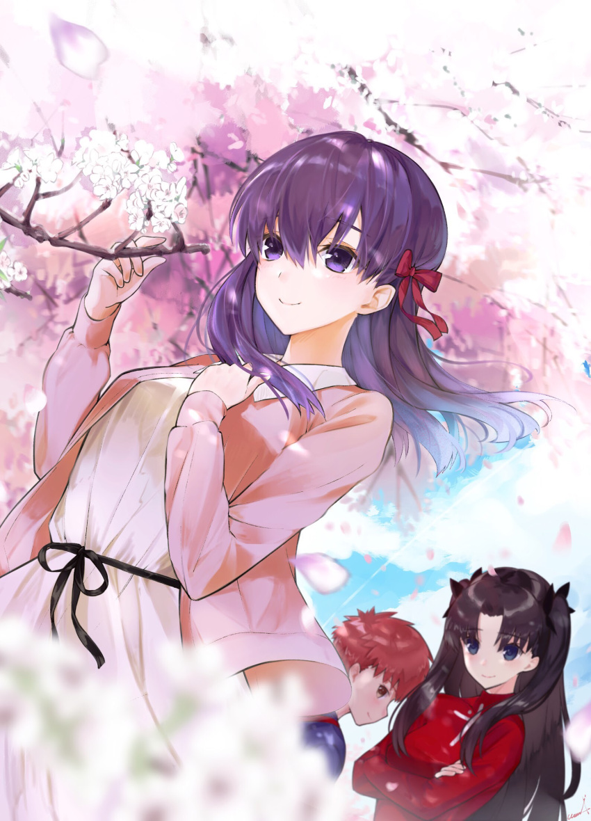 1boy 2girls bangs black_hair blush brown_eyes cardigan cherry_blossoms closed_mouth crossed_arms day dress dutch_angle emiya_shirou fate/stay_night fate_(series) hair_between_eyes hanami hand_on_own_chest hands_up highres matou_sakura multiple_girls open_cardigan open_clothes outdoors parted_bangs petals purple_hair red_sweater redhead smile solo_focus tohsaka_rin two_side_up utayoi_(umakatare) violet_eyes white_dress