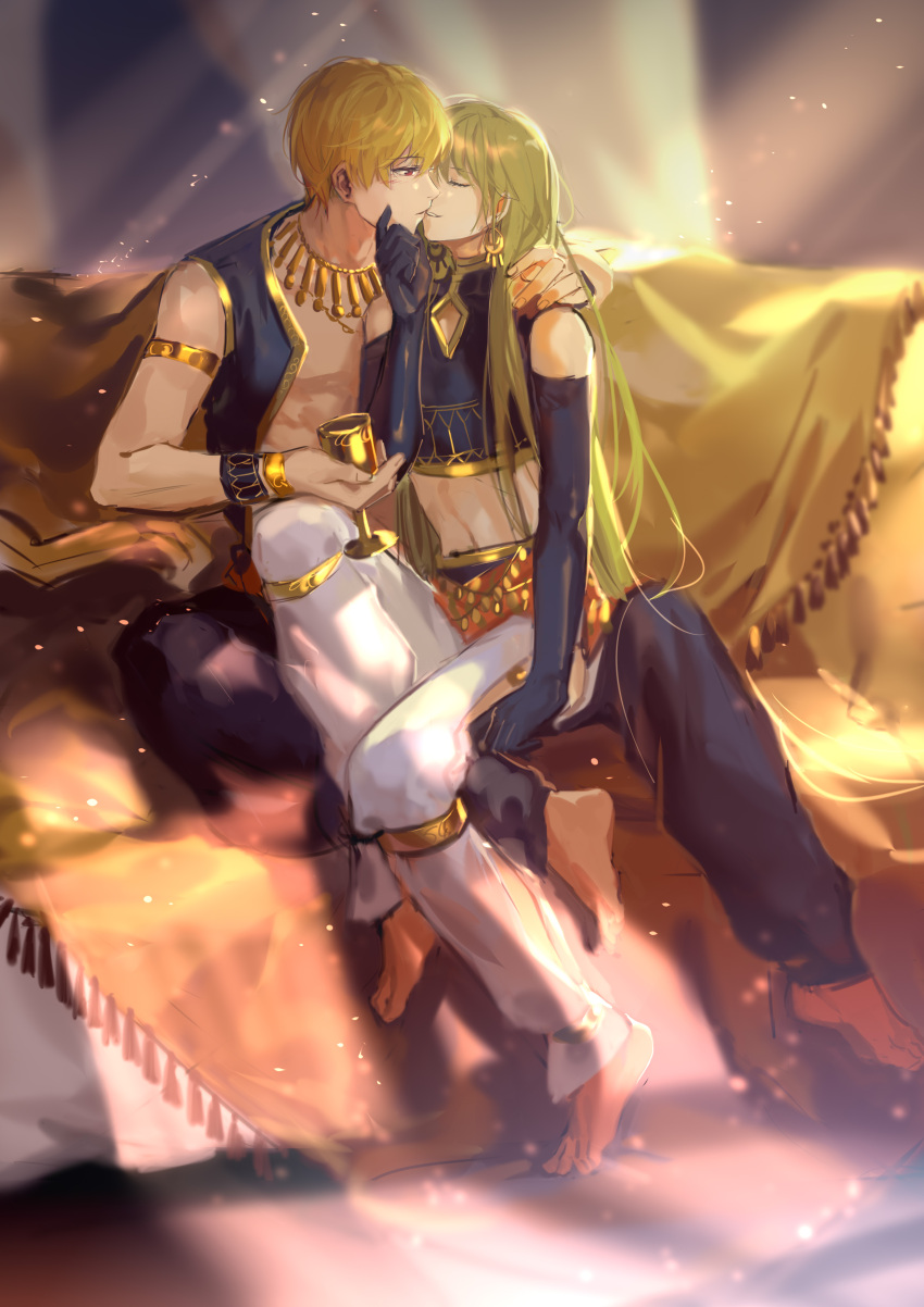 1boy absurdres androgynous armlet barefoot black_pants blonde_hair blush bracelet closed_eyes cup earrings elbow_gloves enkidu_(fate/strange_fake) fate/grand_order fate/strange_fake fate_(series) full_body gilgamesh gloves green_hair hand_on_another's_face hand_on_another's_shoulder highres imminent_kiss jewelry long_hair looking_at_another midriff navel necklace pants red_eyes rrr_(reason) short_hair sitting sitting_on_lap sitting_on_person very_long_hair white_pants