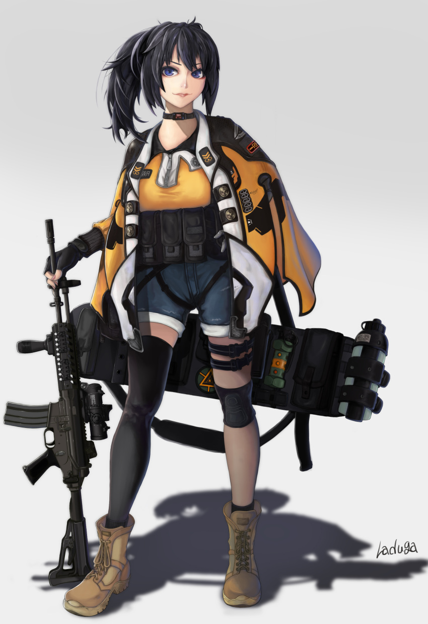 1girl absurdres artist_name belt black_gloves black_hair black_legwear blue_eyes bottle brown_footwear choker denim denim_shorts fingerless_gloves full_body gloves grey_background gun highres jacket knee_pads laduga looking_at_viewer medium_hair military original pouch shadow shorts single_thighhighs sniper_scope solo standing thigh_strap utility_belt water_bottle weapon