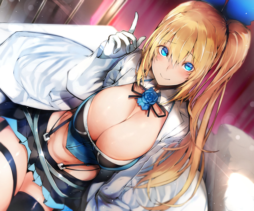 1girl bangs black_legwear black_skirt blonde_hair blue_eyes blurry blush breasts cleavage closed_mouth coat commentary_request depth_of_field dutch_angle elbow_gloves eyebrows_visible_through_hair garter_straps gloves hair_between_eyes hand_up highres indoors infirmary labcoat large_breasts long_hair looking_at_viewer miniskirt mirai_akari mirai_akari_project navel nishiide_kengorou on_bed open_clothes open_coat pleated_skirt ponytail ribbon side_ponytail sidelocks sitting sketch skirt smile solo strap suspenders thigh-highs thigh_strap virtual_youtuber white_gloves