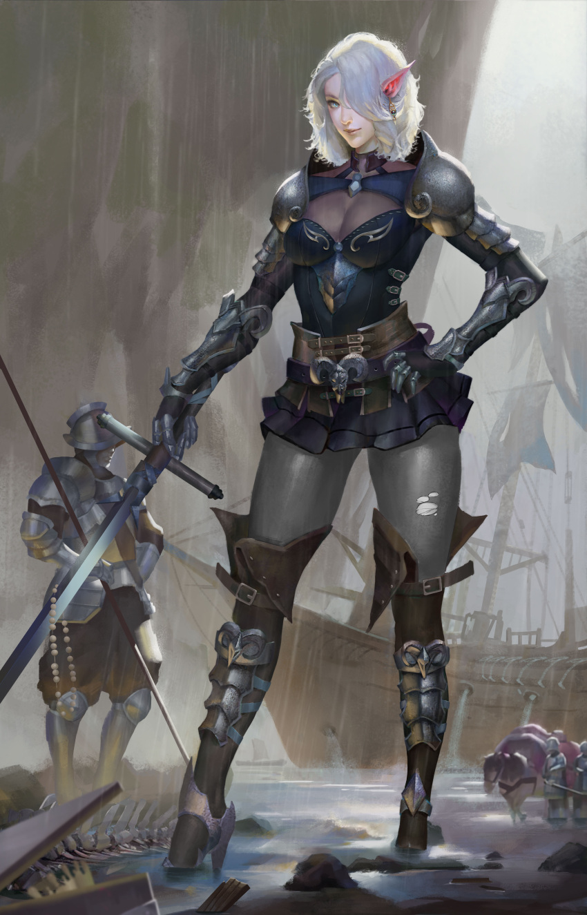 1girl 3boys absurdres armor belt blue_eyes bodysuit breasts cleavage cleavage_cutout contrapposto elf full_body giantess gluteal_fold hand_on_hip helmet high_heels highres horse looking_at_viewer magician_(china) medium_breasts medium_hair multiple_boys original pale_skin pauldrons pointy_ears rain revision sails ship skin_tight smile spaulders spine standing sword torn_bodysuit torn_clothes vambraces watercraft weapon white_hair