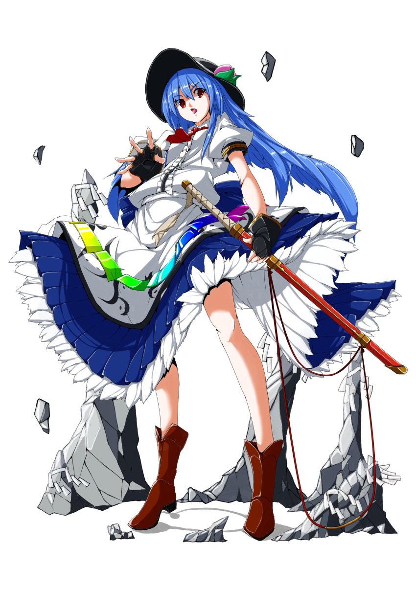 &gt;:p 1girl absurdres apron black_gloves black_hat blue_hair blue_skirt boots brown_footwear center_frills commentary_request eyebrows_visible_through_hair eyes_visible_through_hair fingerless_gloves floating_rocks food fruit full_body gloves hair_between_eyes hat high_heel_boots high_heels highres hinanawi_tenshi holding holding_sword holding_weapon leaf long_hair looking_at_viewer mr._pepe_r parted_lips peach petticoat pleated_skirt puffy_short_sleeves puffy_sleeves red_eyes rock shadow shirt short_sleeves simple_background skirt solo standing string sword sword_of_hisou thick_eyebrows touhou waist_apron weapon white_background white_shirt