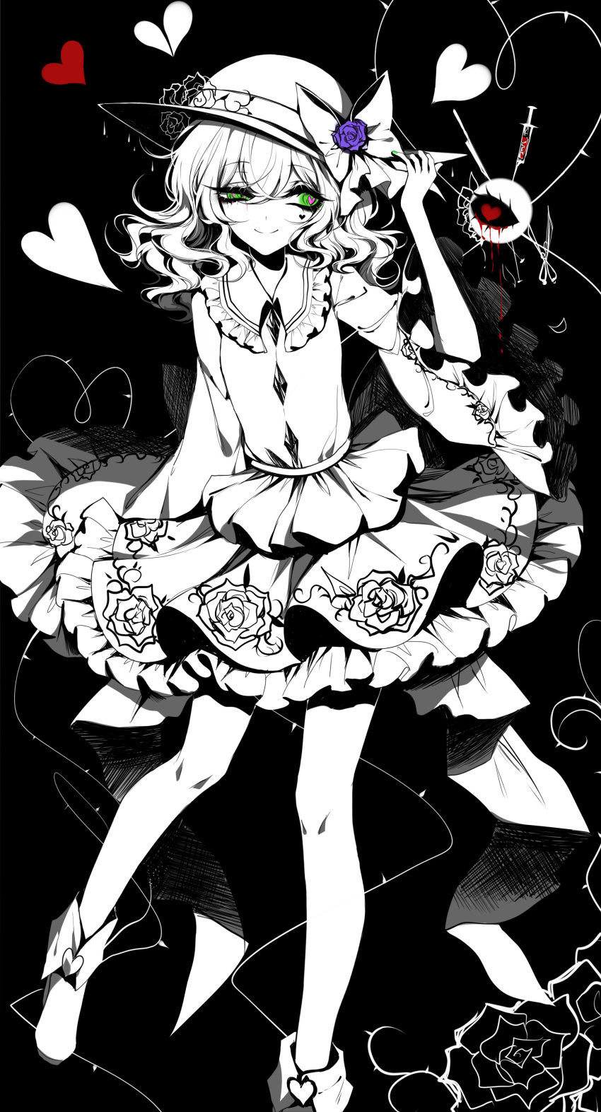 1girl absurdres black_background blood blue_flower blue_rose boots bow eyebrows_visible_through_hair floral_print flower frilled_shirt_collar frills hair_between_eyes hand_on_headwear hat hat_bow hat_flower hat_rose heart heart-shaped_pupils heart_of_string highres komeiji_koishi limited_palette long_sleeves looking_to_the_side medium_hair petticoat rose scalpel sheya shirt simple_background skirt smile solo spot_color symbol-shaped_pupils syringe third_eye thorns touhou uneven_eyes wide_sleeves