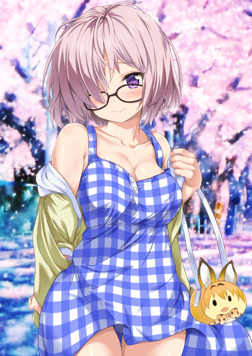 1girl alternate_costume animal_ears bag bangs black-framed_eyewear blue_dress blush breasts buttons character_doll cherry_blossoms cleavage closed_mouth collarbone cowboy_shot dress fate/grand_order fate_(series) glasses hair_over_one_eye hand_up handbag highres holding holding_bag hood hoodie kemono_friends large_breasts lavender_hair looking_at_viewer mash_kyrielight nijimoto_hirok no_bra off_shoulder open_clothes open_hoodie outdoors pixelated plaid plaid_dress plump serval_(kemono_friends) serval_ears short_hair skirt skirt_lift smile solo thighs violet_eyes white_dress wind wind_lift