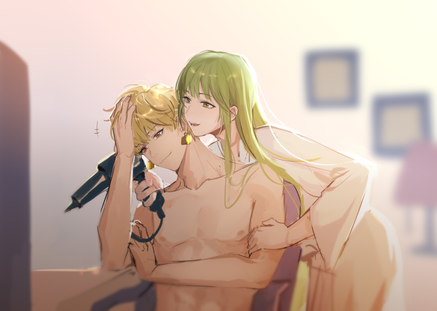 1boy abs androgynous bangs blonde_hair blunt_bangs blurry blurry_background chair collarbone earrings enkidu_(fate/strange_fake) eyebrows_visible_through_hair fate/grand_order fate/strange_fake fate_(series) gilgamesh green_eyes green_hair hair_dryer hand_on_another's_arm hand_on_own_head highres jewelry leaning_on_person long_hair long_sleeves nipples no_shirt partially_opened_mouth red_eyes robe rrr_(reason) short_hair sitting smile upper_body whispering white_robe wide_sleeves