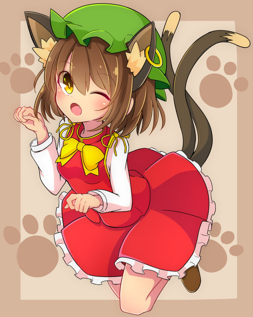 1girl ;d ;o animal_ears bangs blush bow bowtie bright_pupils brown_background brown_eyes brown_footwear cat_ears cat_tail chen earrings extra_ears eyebrows_visible_through_hair fang frilled_skirt frills full_body green_hat hair_between_eyes hat highres inon jewelry long_sleeves mob_cap multicolored multicolored_eyes multiple_tails nekomata one_eye_closed open_mouth paw_background paw_pose red_skirt red_vest short_hair skirt smile solo tail tareme touhou two_tails vest yellow_bow yellow_eyes yellow_neckwear