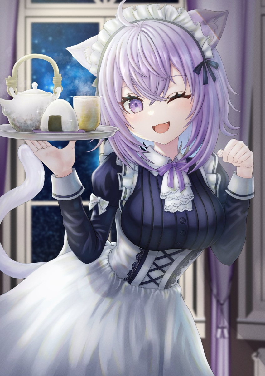 1girl ahoge animal_ears apron cat_ears cat_girl cat_tail commentary_request cup eyebrows_visible_through_hair fang hair_between_eyes highres holding holding_cup holding_teapot holding_tray hololive long_sleeves looking_at_viewer maid maid_apron maid_headdress nekomata_okayu one_eye_closed open_mouth purple_hair solo tail teacup teapot tongue tray violet_eyes wajuniorbox