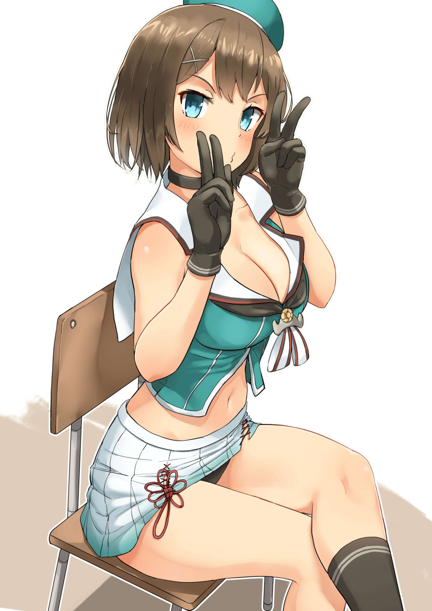 1girl absurdres aqua_eyes beret black_gloves breasts brown_hair cleavage collarbone double_v gloves hair_ornament hat highres kantai_collection maya_(kantai_collection) pleated_skirt remodel_(kantai_collection) short_hair simple_background sitting skirt sleeveless solo soushou_nin v white_background white_skirt x_hair_ornament