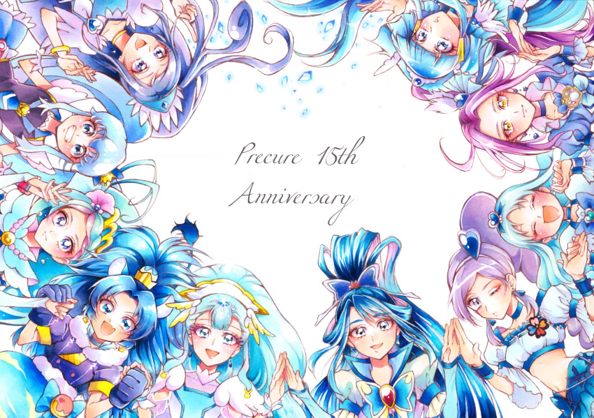 6+girls animal_ears anniversary aoki_reika aono_miki bangs blue_bow blue_eyes blue_gloves blue_hair blue_neckwear blunt_bangs bow butterfly_hair_ornament choker circle_formation closed_eyes color_connection crown cure_ange cure_aqua cure_beat cure_beauty cure_berry cure_diamond cure_gelato cure_marine cure_mermaid cure_princess dokidoki!_precure everyone fresh_precure! gloves go!_princess_precure grin hair_color_connection hair_ornament hairband hand_holding happinesscharge_precure! happy heart heart_hair_ornament heartcatch_precure! highres hishikawa_rikka hugtto!_precure kaidou_minami kirakira_precure_a_la_mode kurokawa_eren kurumi_erika lion_ears long_hair looking_at_viewer magical_girl midriff mikan_(mikataaaa) minazuki_karen mini_crown multiple_girls navel necktie one_eye_closed open_mouth parted_bangs ponytail precure purple_hair seiren_(suite_precure) shirayuki_hime side_ponytail sidelocks smile smile_precure! suite_precure tategami_aoi twintails violet_eyes white_background yakushiji_saaya yellow_eyes yes!_precure_5