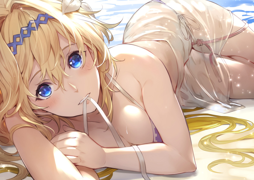 1girl absurdres beach bikini blonde_hair blue_eyes breasts cleavage flower granblue_fantasy hair_between_eyes hair_flower hair_intakes hair_ornament hairband highres jeanne_d'arc_(granblue_fantasy) kakage long_hair looking_at_viewer lying medium_breasts mouth_hold on_side outdoors parted_lips psd_available purple_bikini see-through side-tie_bikini solo swimsuit untied untied_bikini