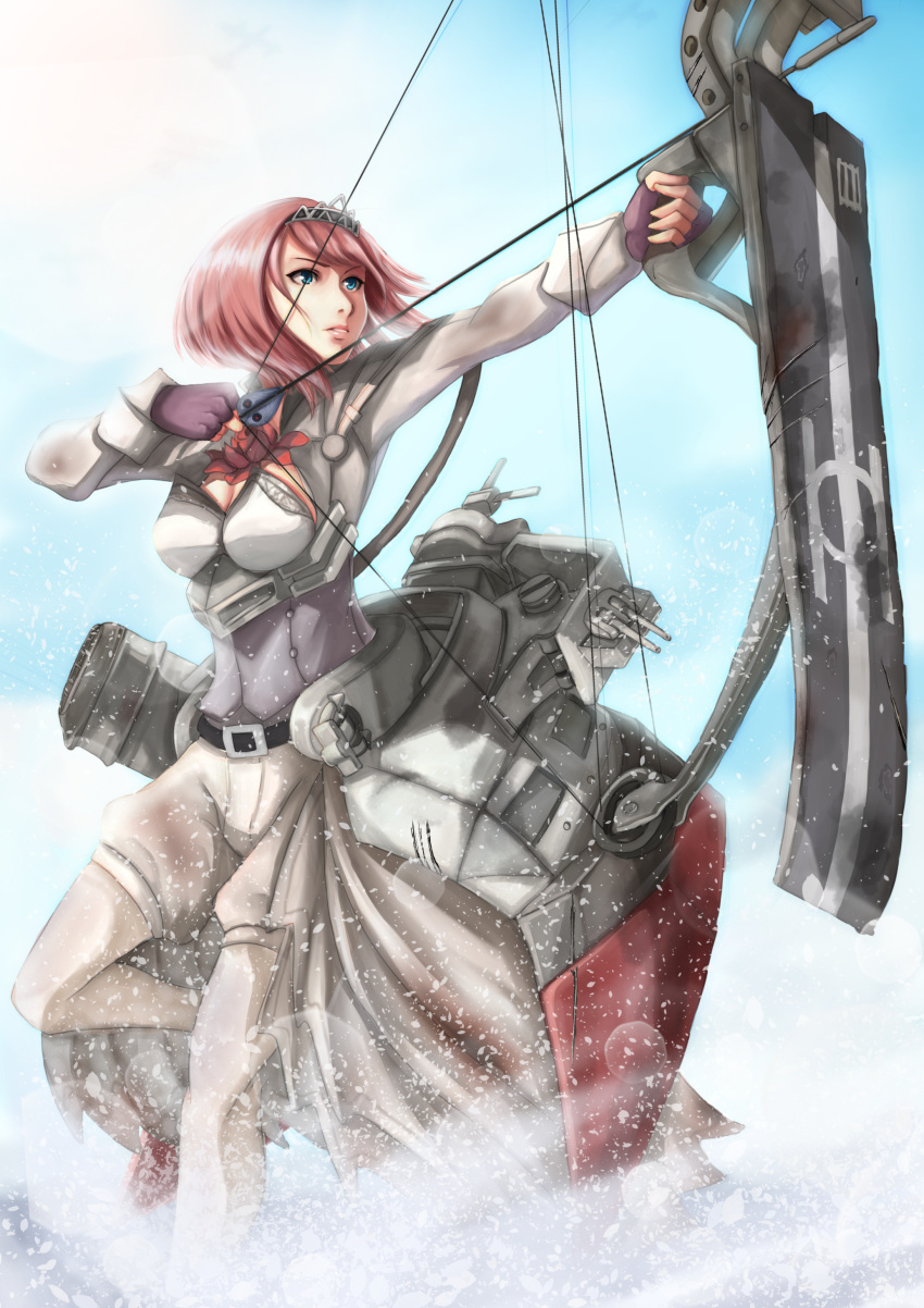 1girl absurdres aiming ark_royal_(kantai_collection) bangs blue_eyes blue_sky blunt_bangs bob_cut bow_(weapon) caiman-pool cleavage_cutout compound_bow fingerless_gloves flight_deck gloves hairband highres kantai_collection lips long_sleeves machinery outdoors overskirt quiver red_ribbon redhead ribbon short_hair shorts sky solo standing standing_on_one_leg tiara weapon white_legwear white_shorts