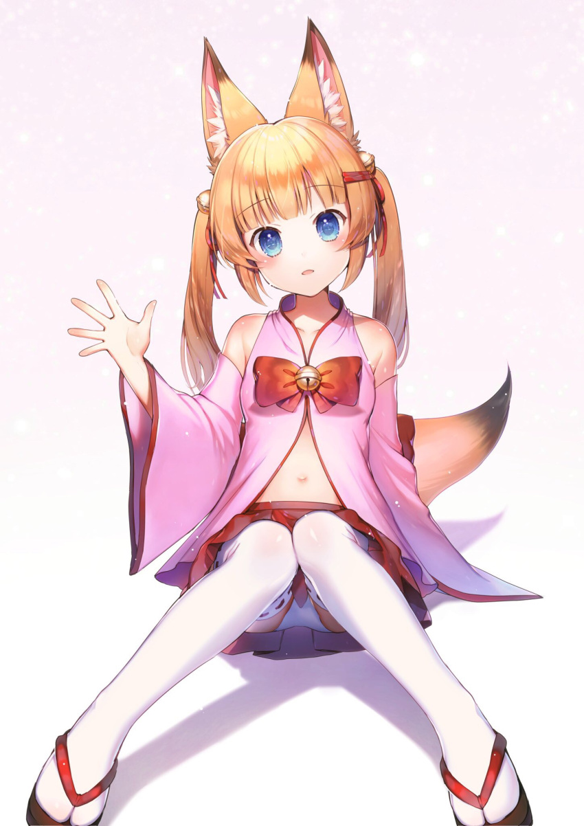 1girl animal_ears bare_shoulders bell black_footwear blonde_hair blue_eyes blush bow collarbone commentary_request detached_sleeves fox_ears fox_girl fox_tail gradient gradient_background hair_bell hair_ornament highres jingle_bell kemomimi_vr_channel knees_together_feet_apart long_hair long_sleeves looking_at_viewer mikoko_(kemomimi_vr_channel) momoshiki_tsubaki navel panties parted_lips pink_background pleated_skirt red_bow red_skirt revision ribbon-trimmed_legwear ribbon_trim sitting skirt solo tabi tail thigh-highs twintails underwear virtual_youtuber white_background white_legwear white_panties wide_sleeves zouri